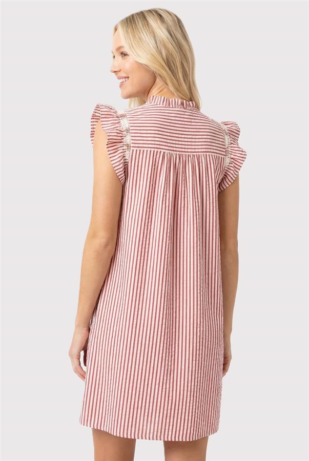 Staccato | Frilled Split Neck Smocked Ruffle Sleeve Striped Seersucker Dress