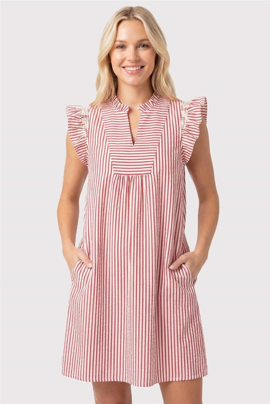 Staccato | Frilled Split Neck Smocked Ruffle Sleeve Striped Seersucker Dress