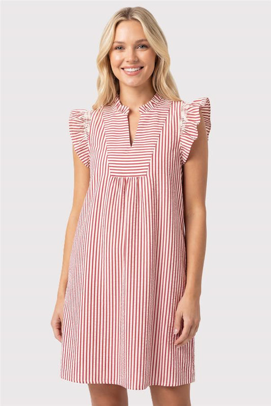 Staccato | Frilled Split Neck Smocked Ruffle Sleeve Striped Seersucker Dress