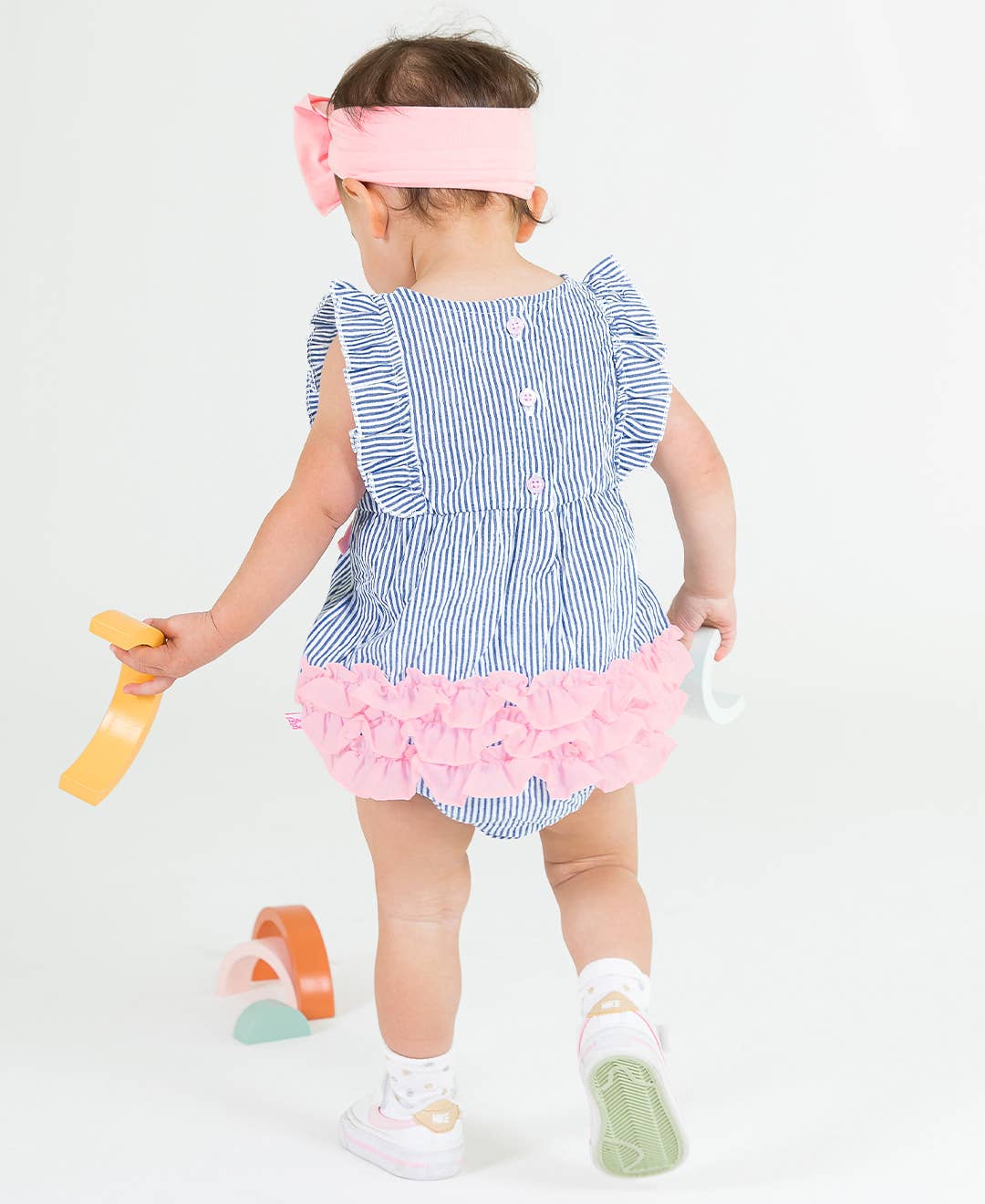 Blue Seersucker Classic Ruffle Bubble Romper