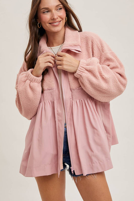 Fleece Contrast Zip-up Front Babydoll Jacket