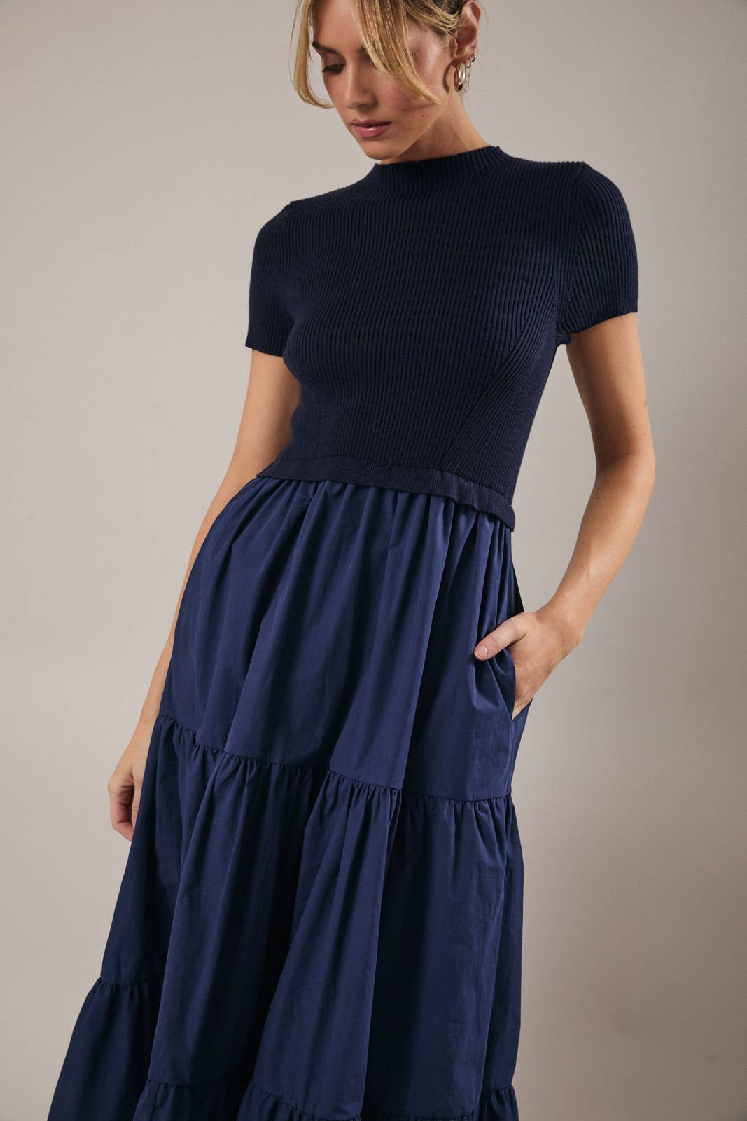 Sunday Edition | Mock Neck Short Sleeve Tiered Midi Dress