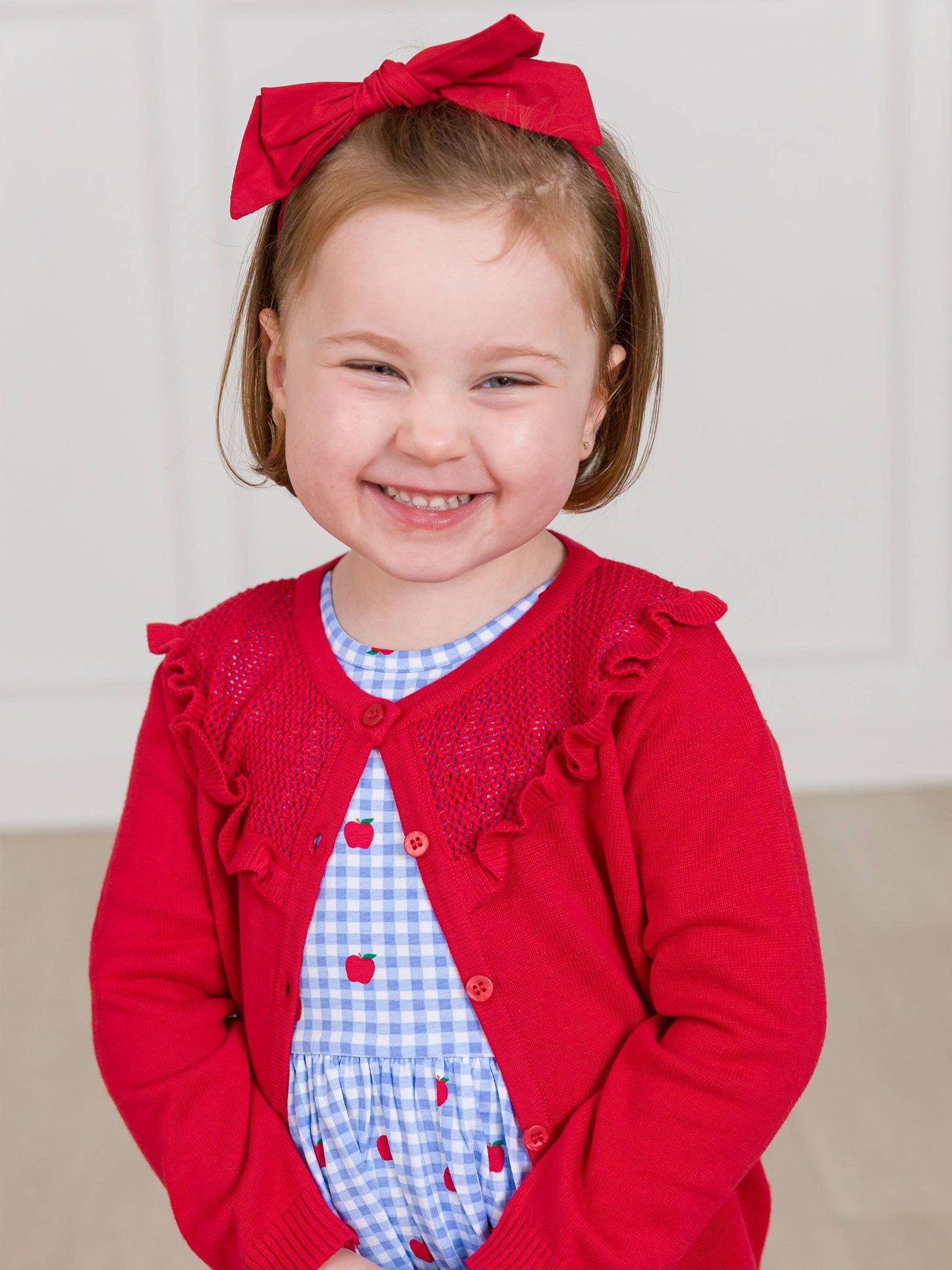 Classic Red Sweater Knit Ruffle Trim Cardigan