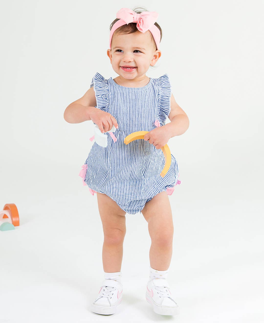 Blue Seersucker Classic Ruffle Bubble Romper