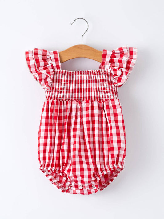 Summer Plaid Smocked Ruffle Girl Romper