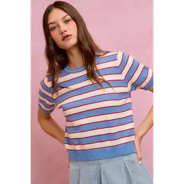 So Me | Stripe Knit Crew Neck Short Sleeve Sweater Top