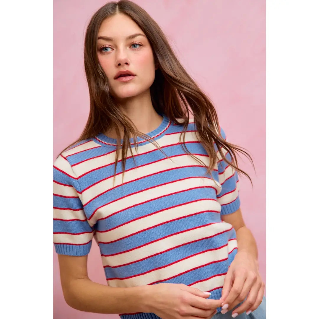 So Me | Stripe Knit Crew Neck Short Sleeve Sweater Top