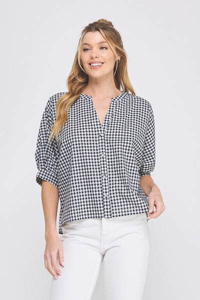 Allie Rose | Gingham Split Neck Button Front Top
