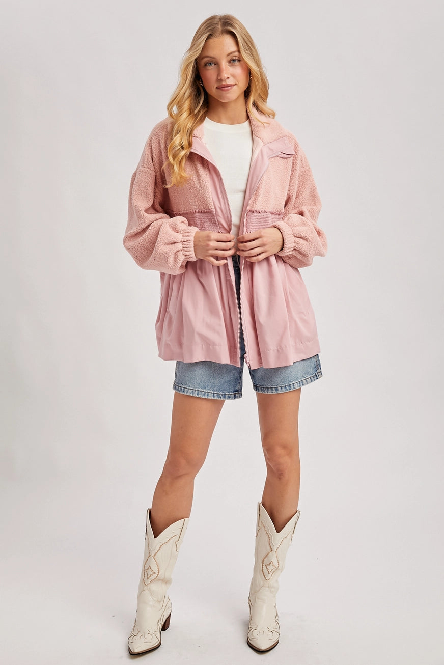 Fleece Contrast Zip-up Front Babydoll Jacket