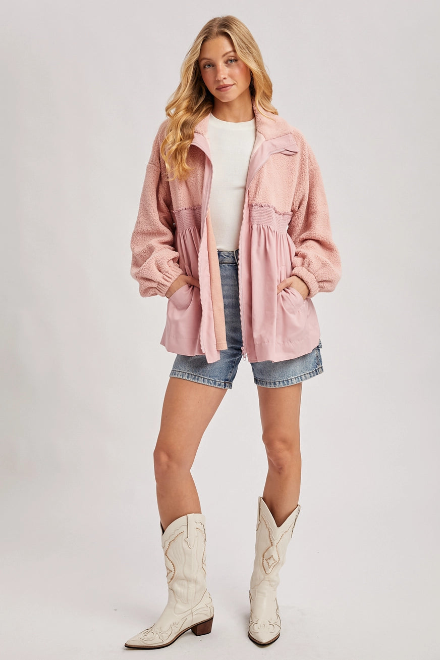 Fleece Contrast Zip-up Front Babydoll Jacket