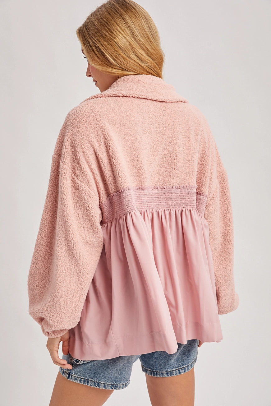 Fleece Contrast Zip-up Front Babydoll Jacket