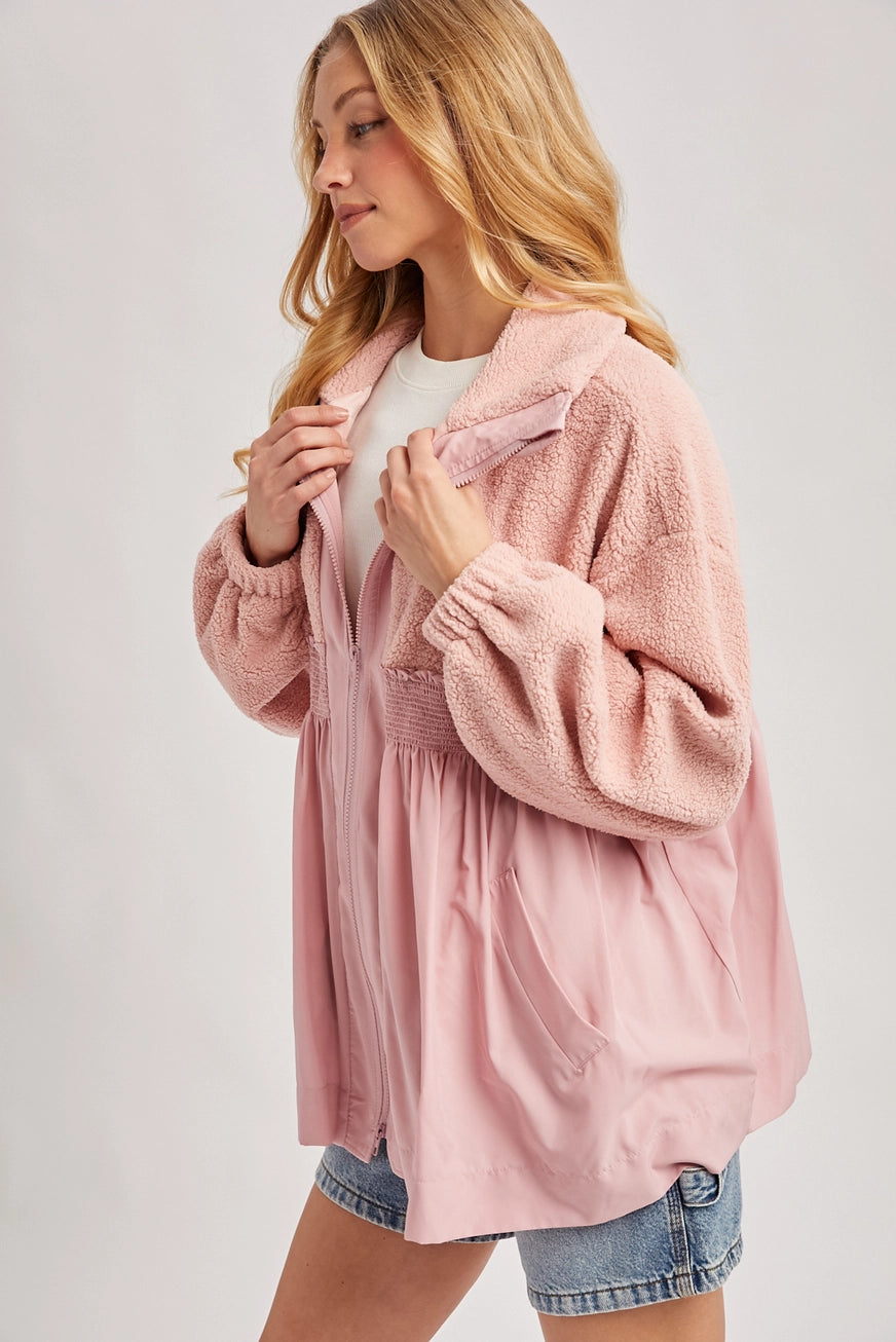 Fleece Contrast Zip-up Front Babydoll Jacket