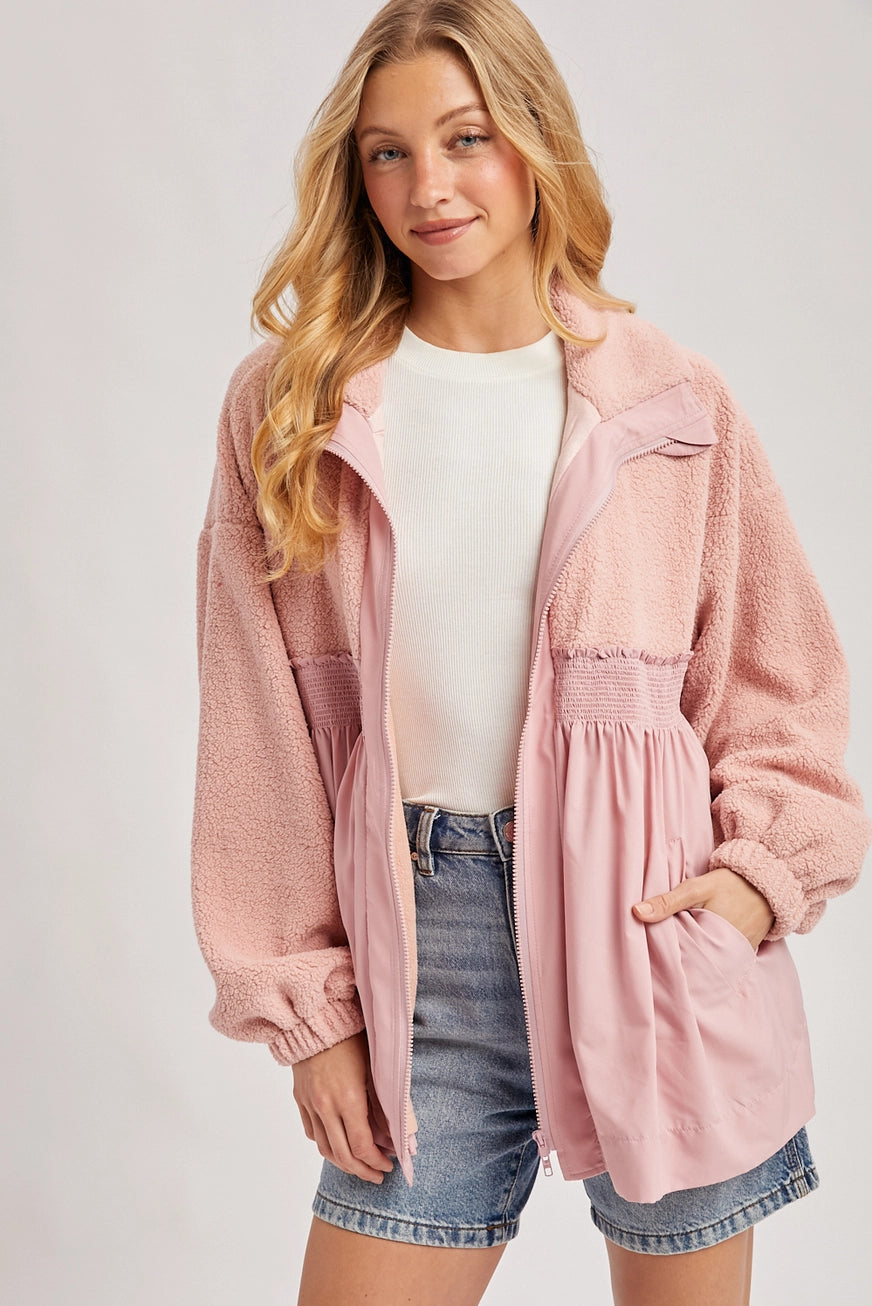 Fleece Contrast Zip-up Front Babydoll Jacket