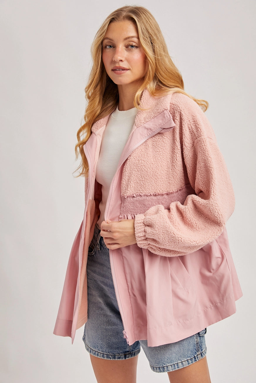 Fleece Contrast Zip-up Front Babydoll Jacket