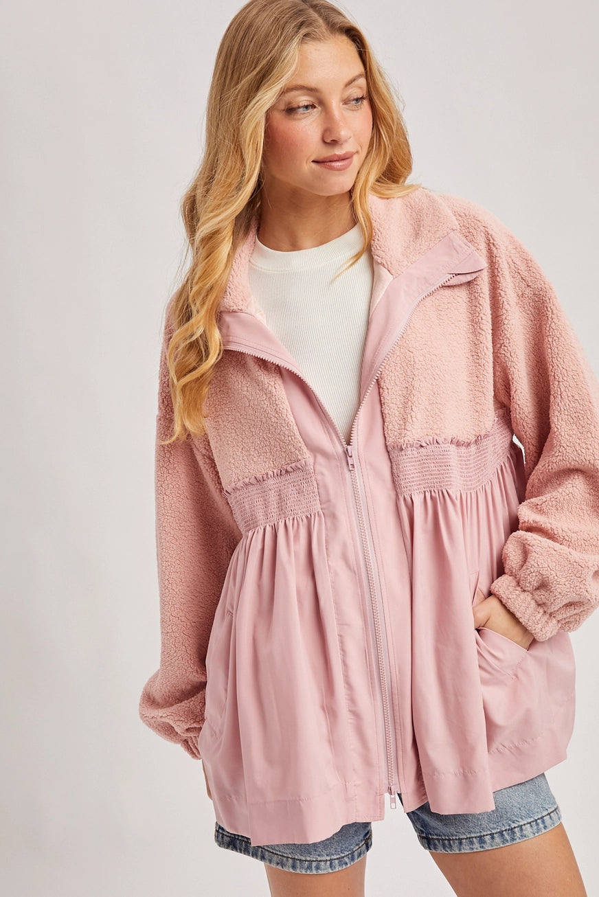 Fleece Contrast Zip-up Front Babydoll Jacket