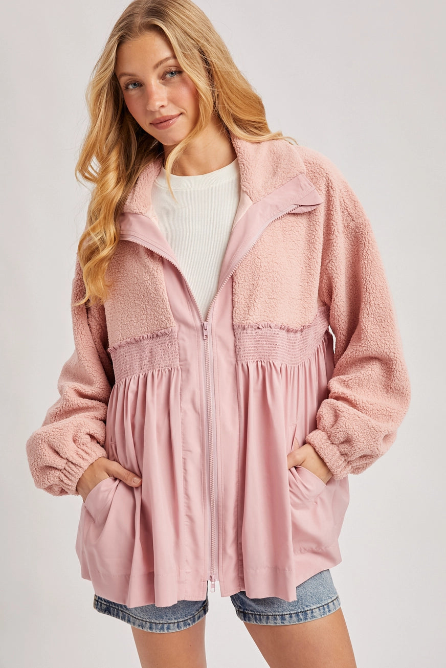 Fleece Contrast Zip-up Front Babydoll Jacket