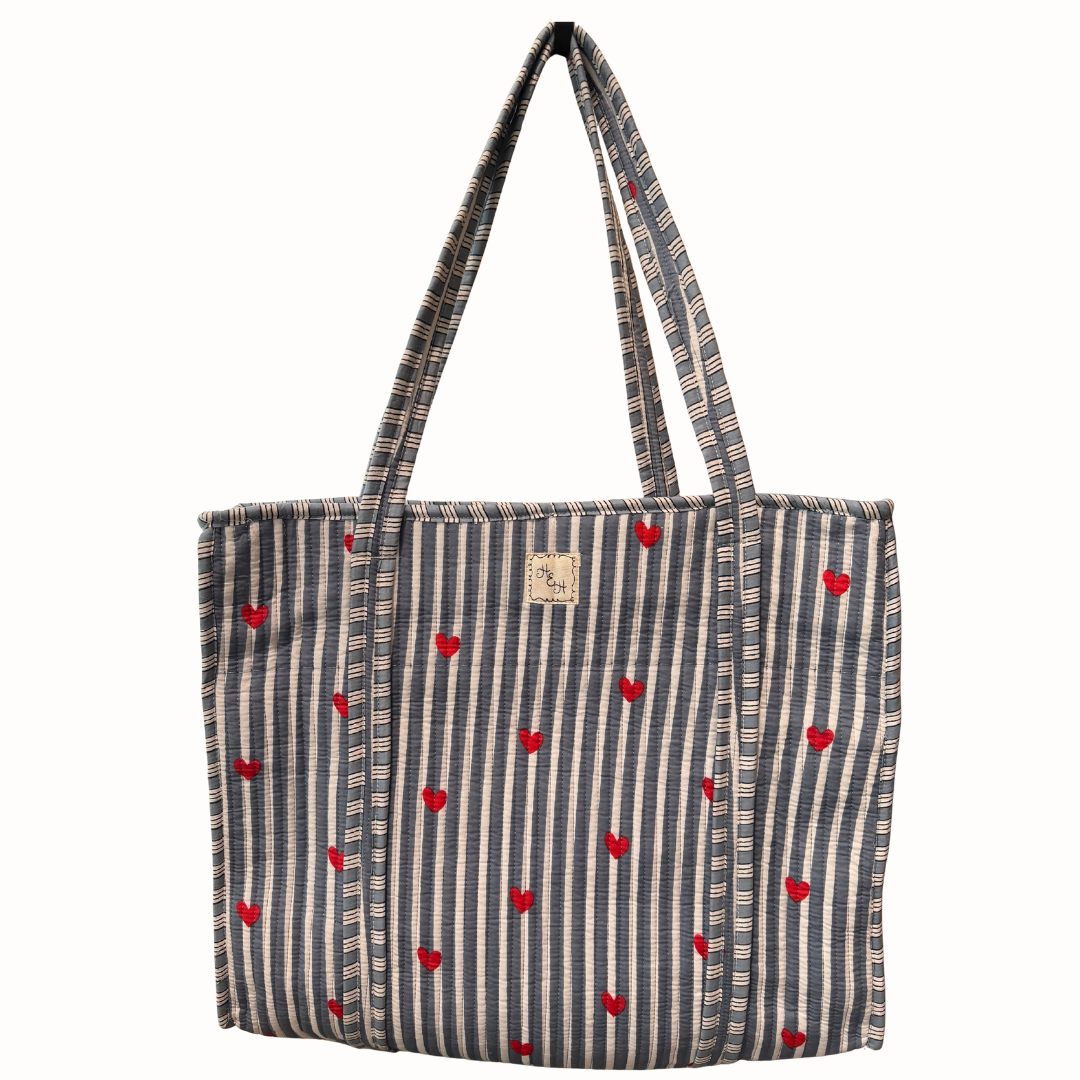 Hart & Hollow | Quilted Tote Bag – Blue Stripes & Red Heart Print