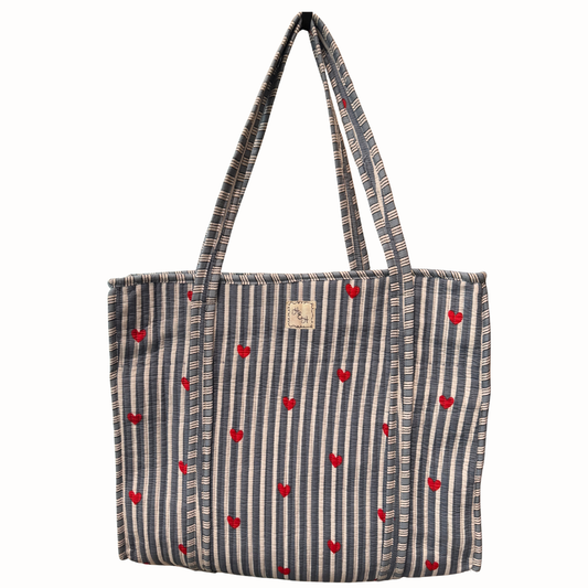 Hart & Hollow | Quilted Tote Bag – Blue Stripes & Red Heart Print