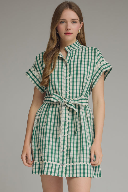 entro | Green Gingham Tie Waist Dress