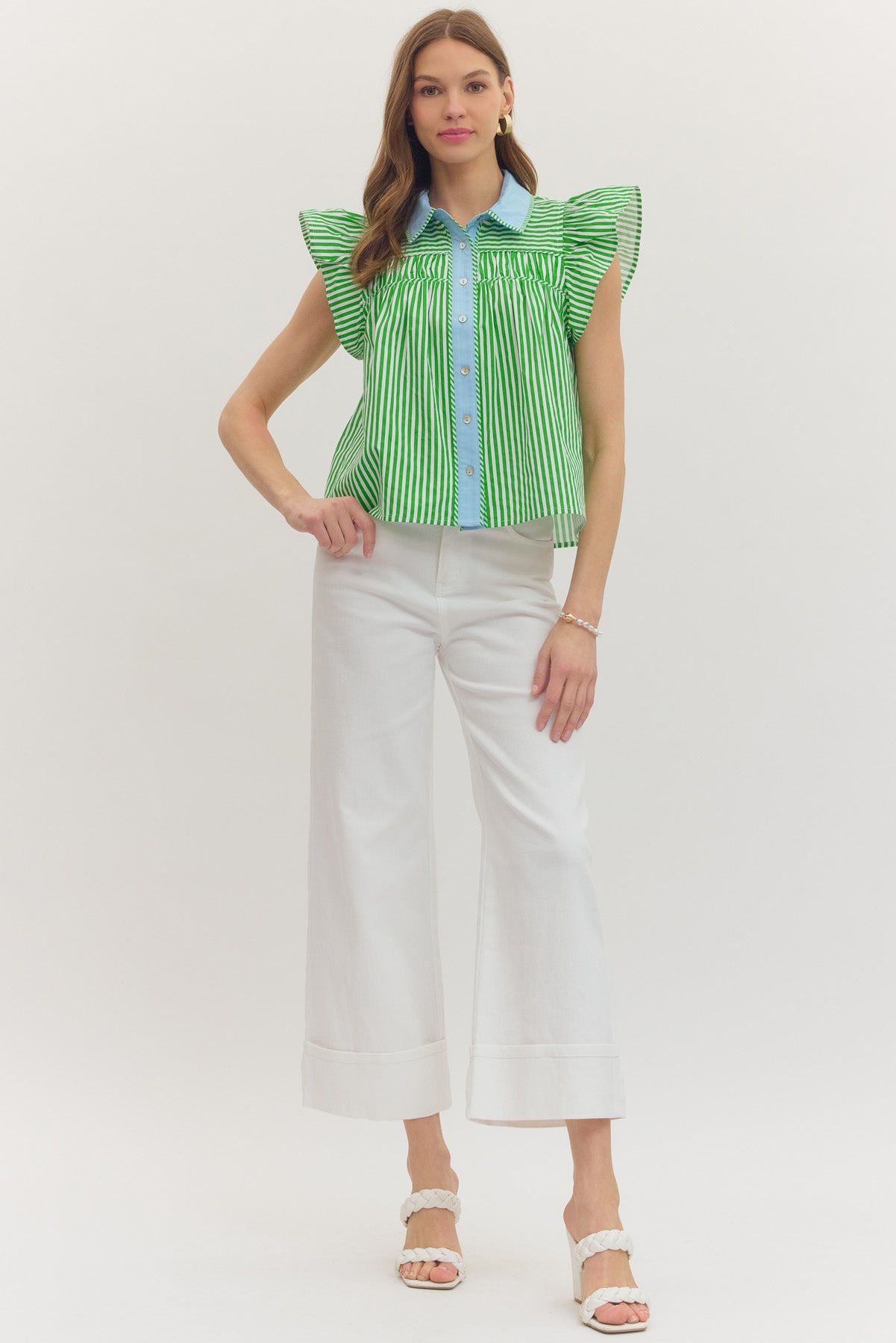 entro | Stripe Top with Contrast Collar - Green