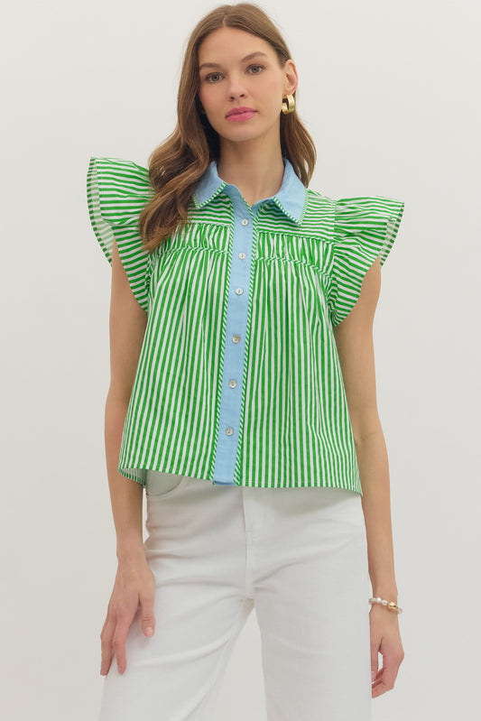 entro | Stripe Top with Contrast Collar - Green