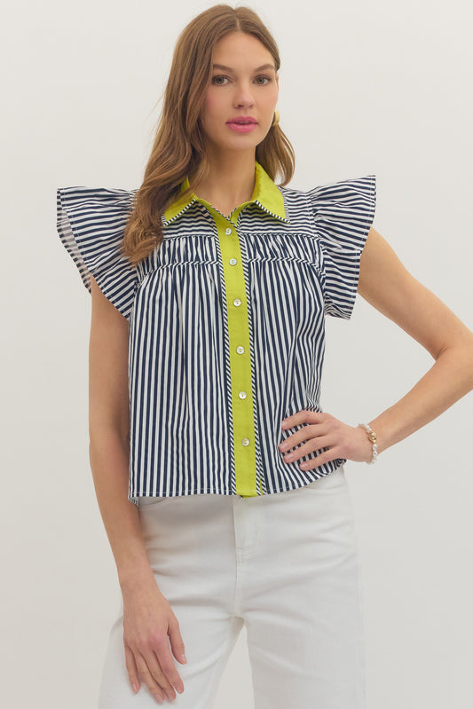 entro | Stripe Top with Contrast Collar - Navy