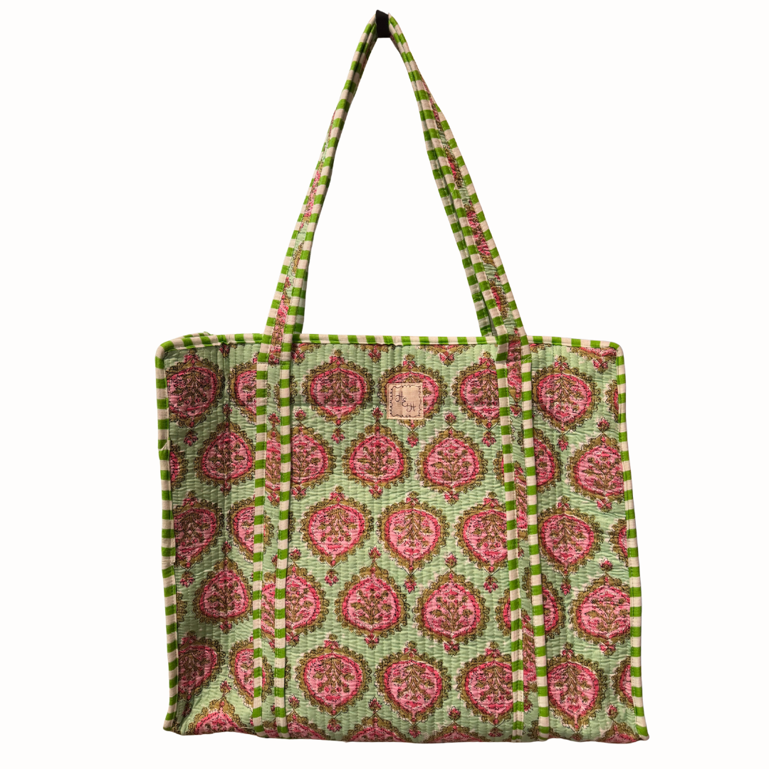 Hart & Hollow | Quilted Tote Bag – Green & Pink Floral Block Print