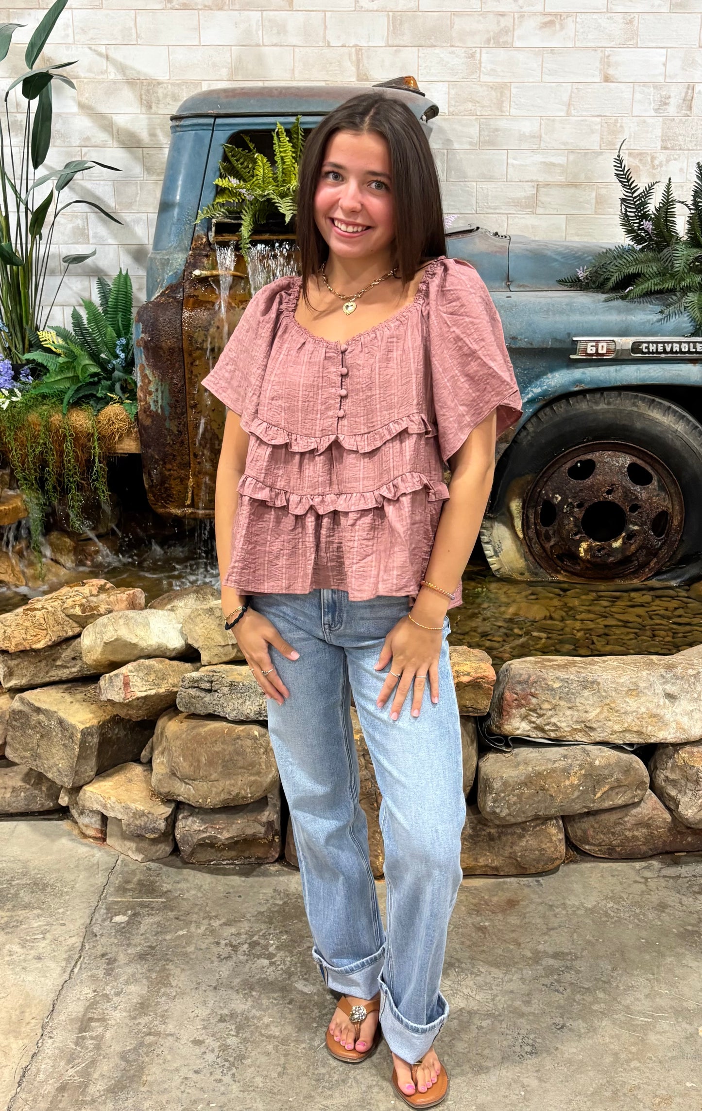 Woven Rayon Tencel V-Neck Short Cap Sleeve Top