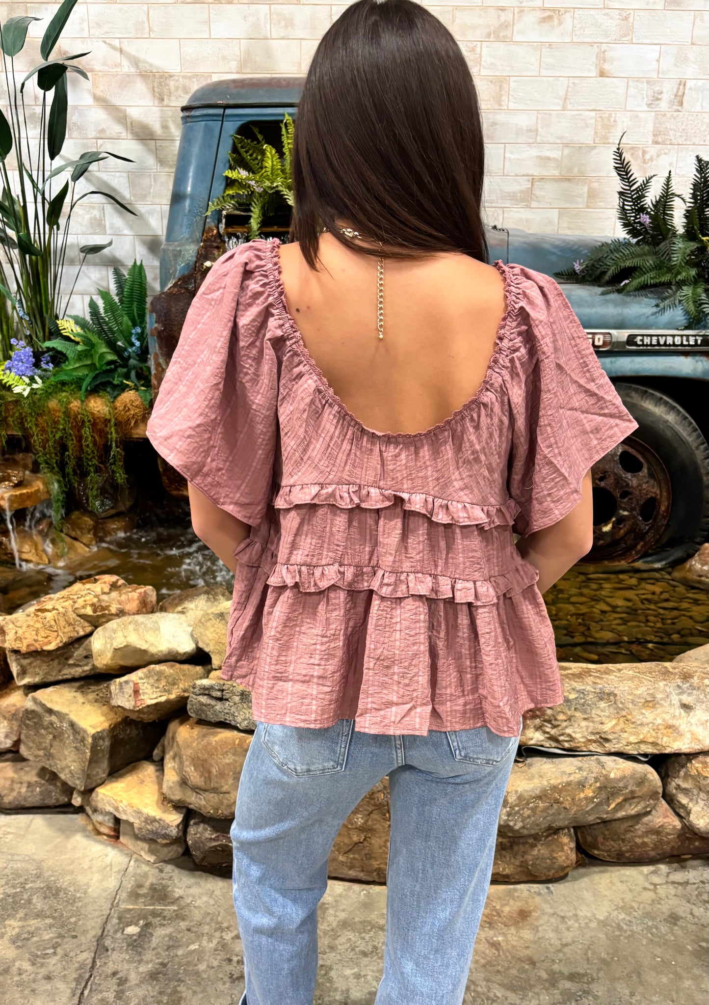 Woven Rayon Tencel V-Neck Short Cap Sleeve Top