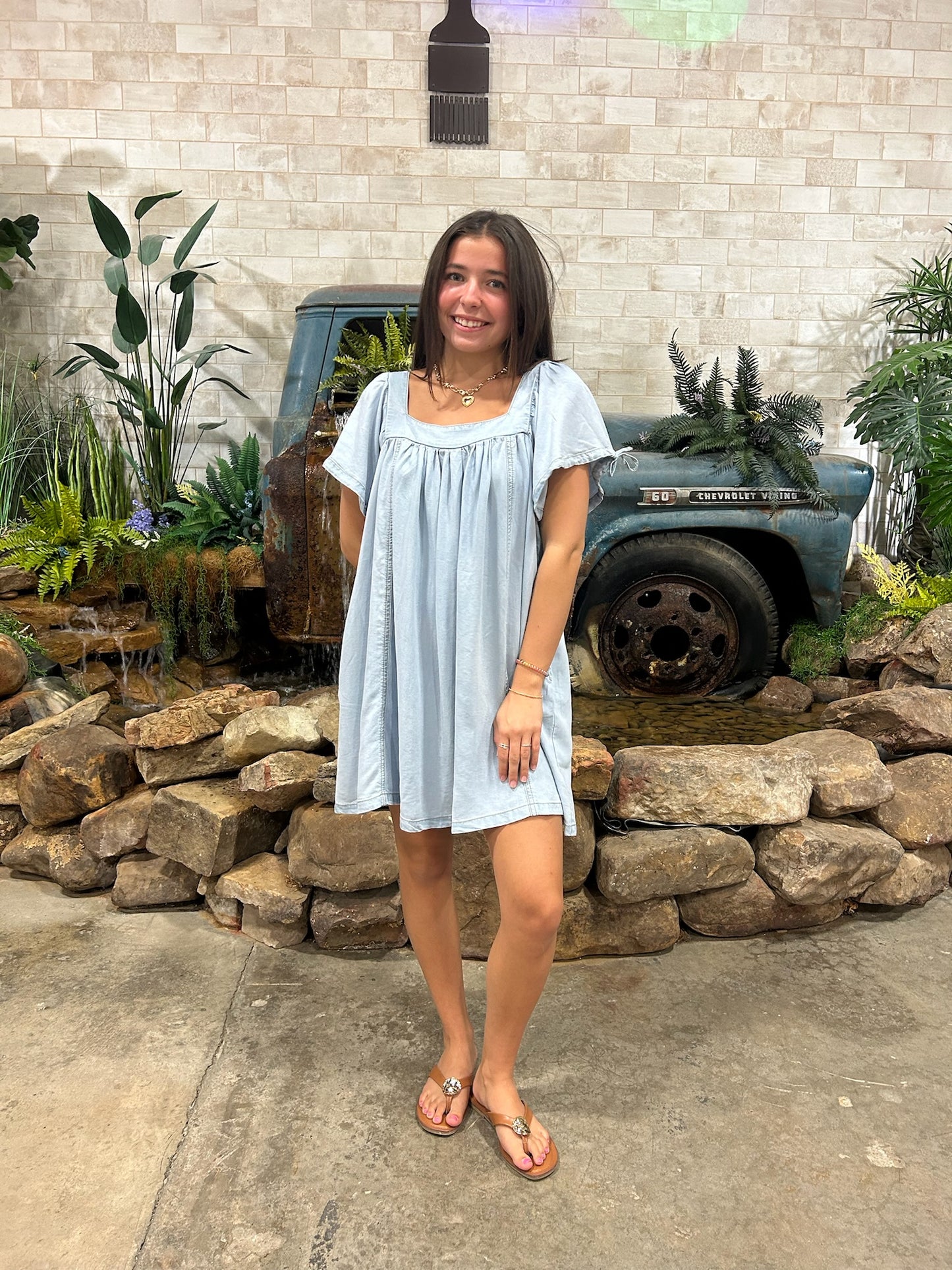 Denim Square Neck Babydoll Dress with Pockets