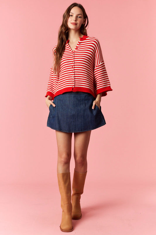 Peach Love | Thin Striped Curly Edge Half Sleeve Oversized Sweater Cardigan