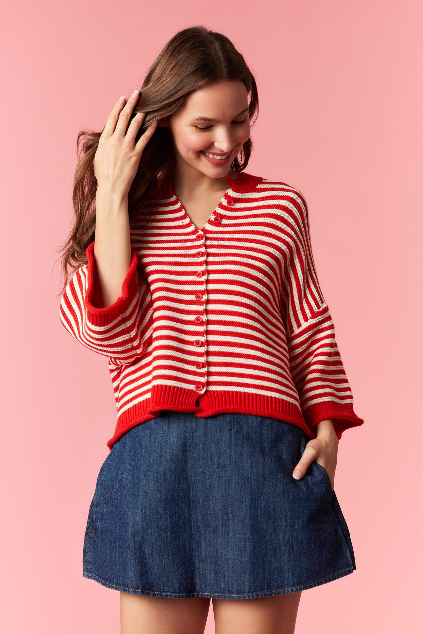 Peach Love | Thin Striped Curly Edge Half Sleeve Oversized Sweater Cardigan