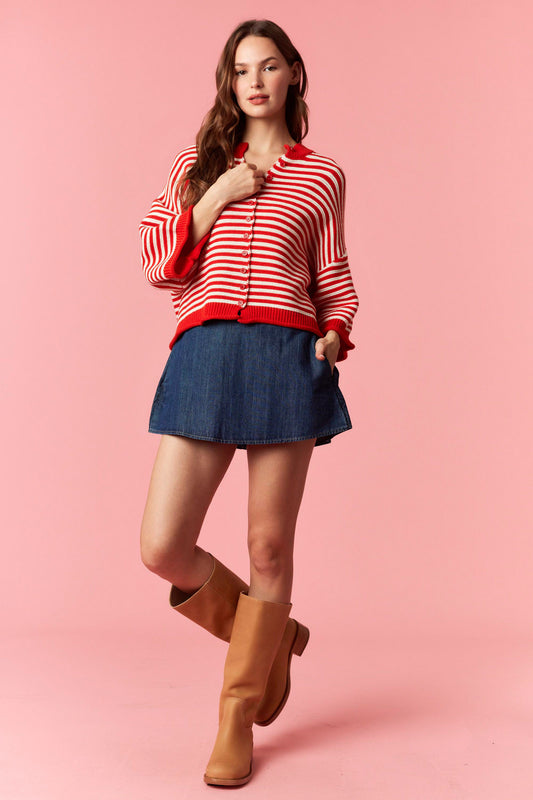 Peach Love | Thin Striped Curly Edge Half Sleeve Oversized Sweater Cardigan