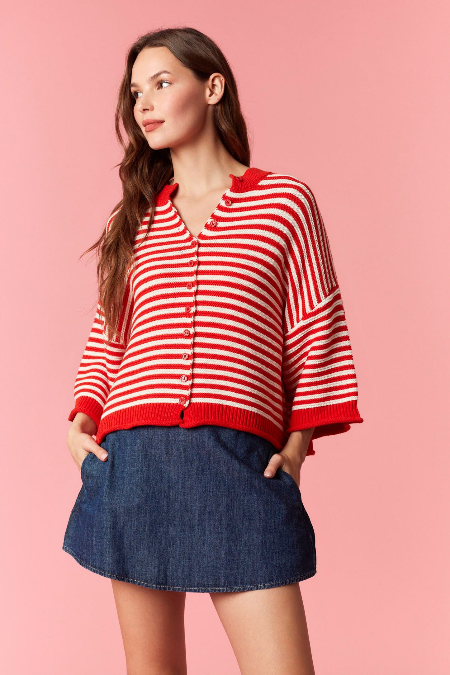 Peach Love | Thin Striped Curly Edge Half Sleeve Oversized Sweater Cardigan