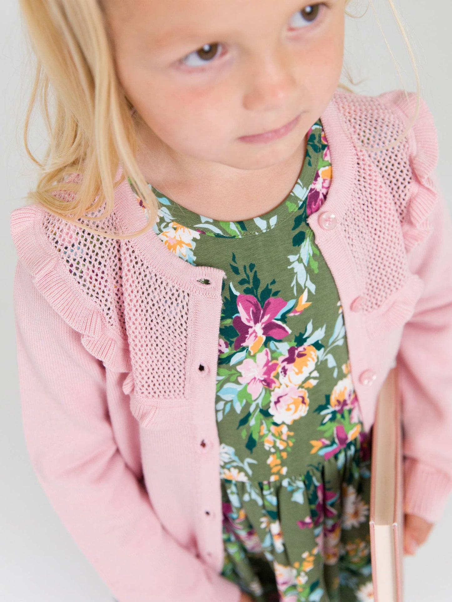 Pink Sweater Knit Ruffle Trim Cardigan