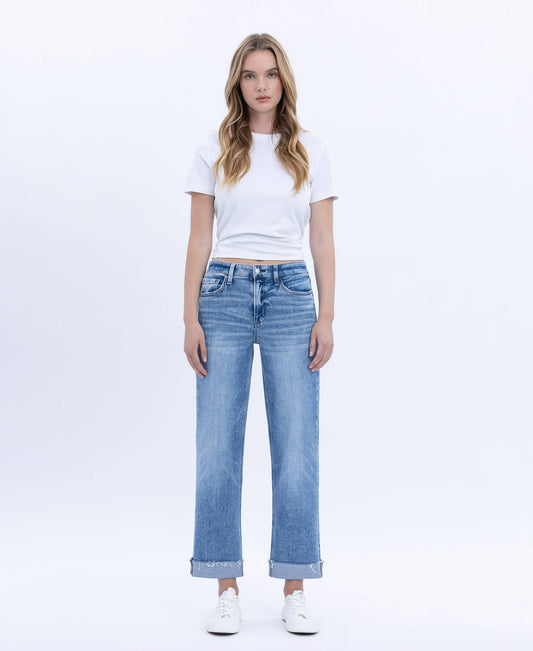 Flying Monkey High Rise Cuffed Crop Straight Jeans (F5691)