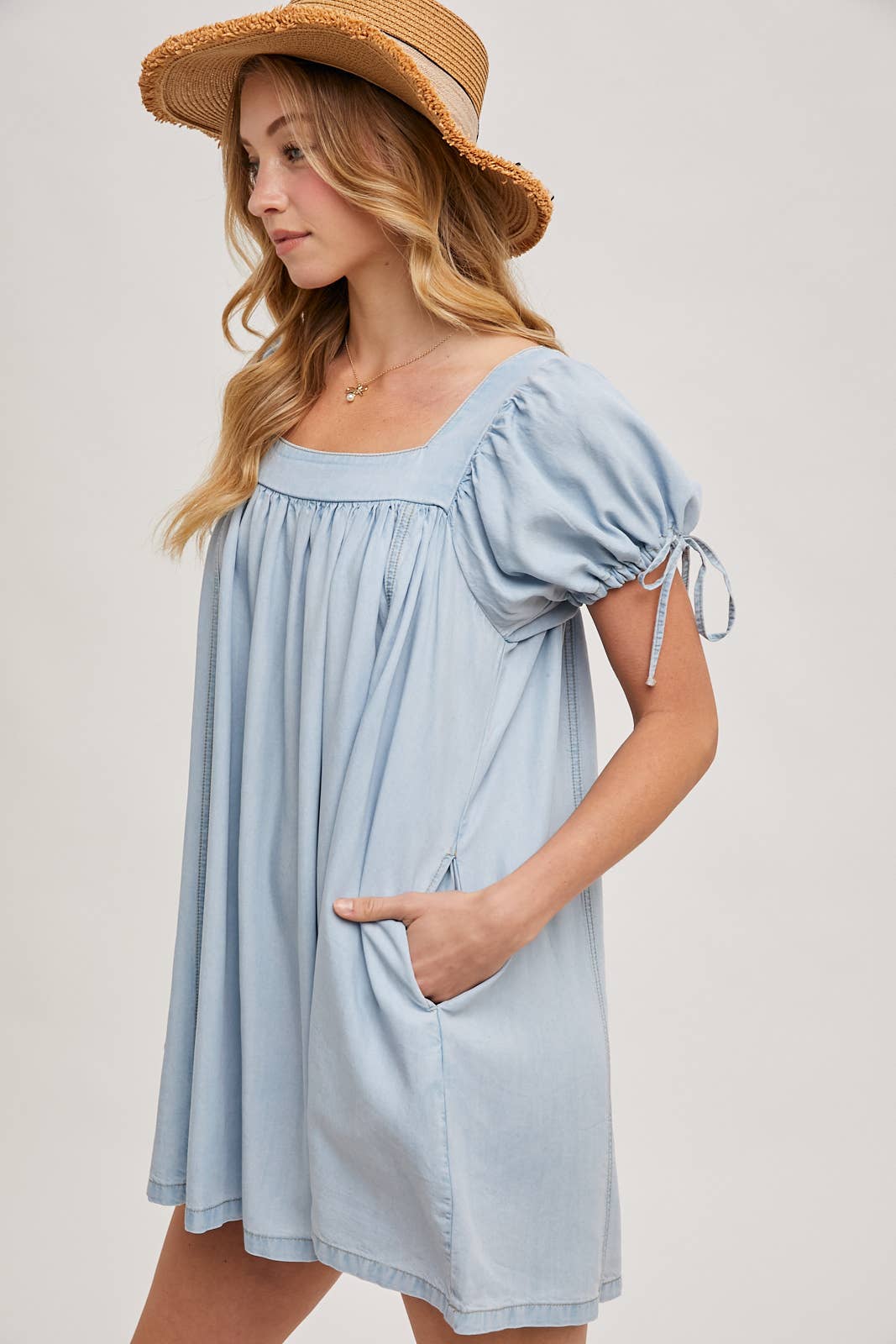 Denim Square Neck Babydoll Dress with Pockets
