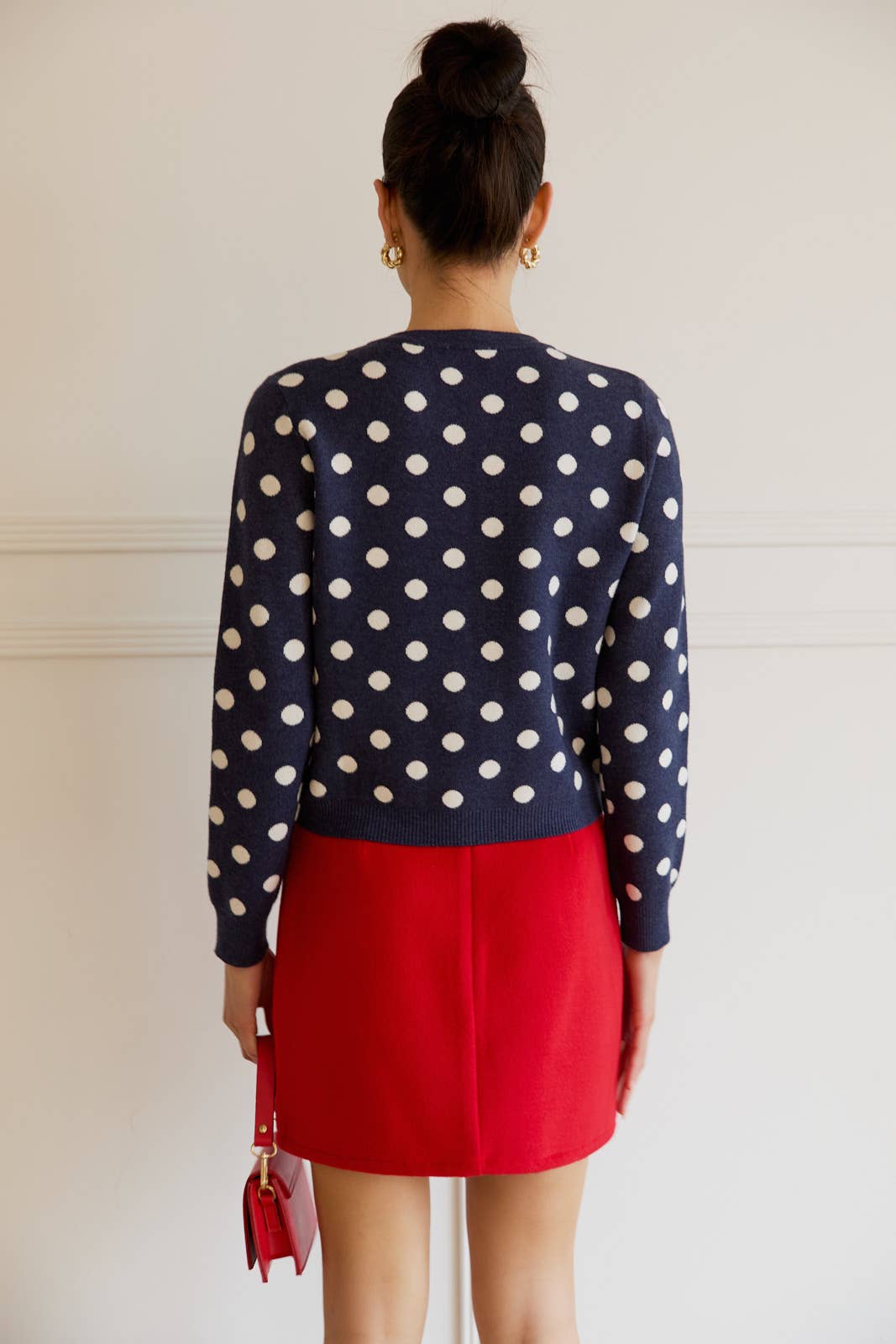 Round Neck Button Up Polka Dot Sweater Cardigan