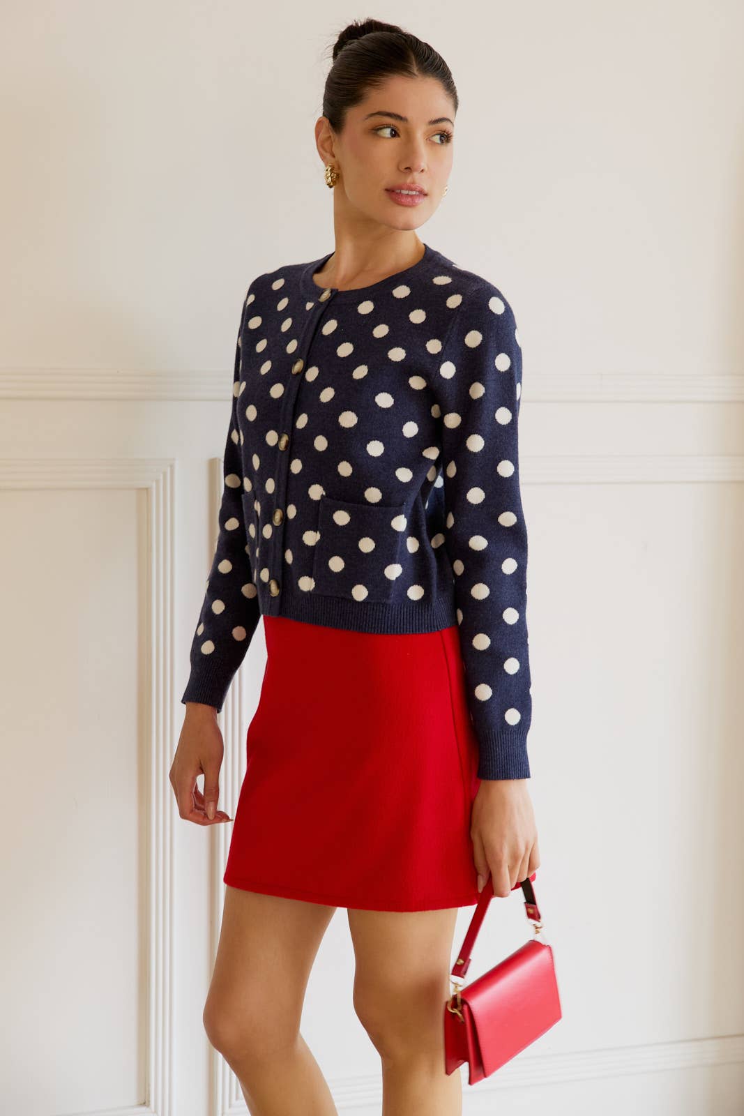 Round Neck Button Up Polka Dot Sweater Cardigan