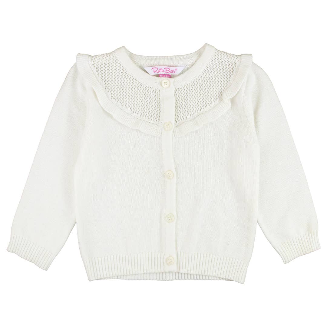 Off-White Sweater Knit Ruffle Trim Cardigan