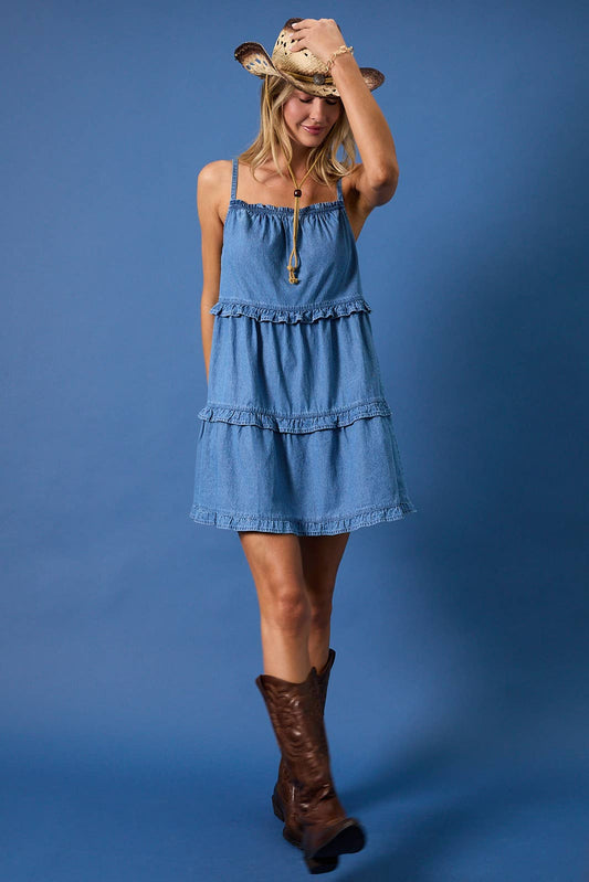 Sunday Edition | Sleeveless Ruffle Detail Denim Mini Dress
