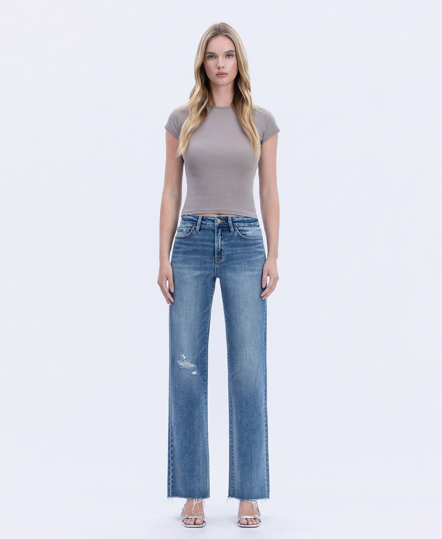 High Rise Frayed Hem Slim Wide Jeans F6376