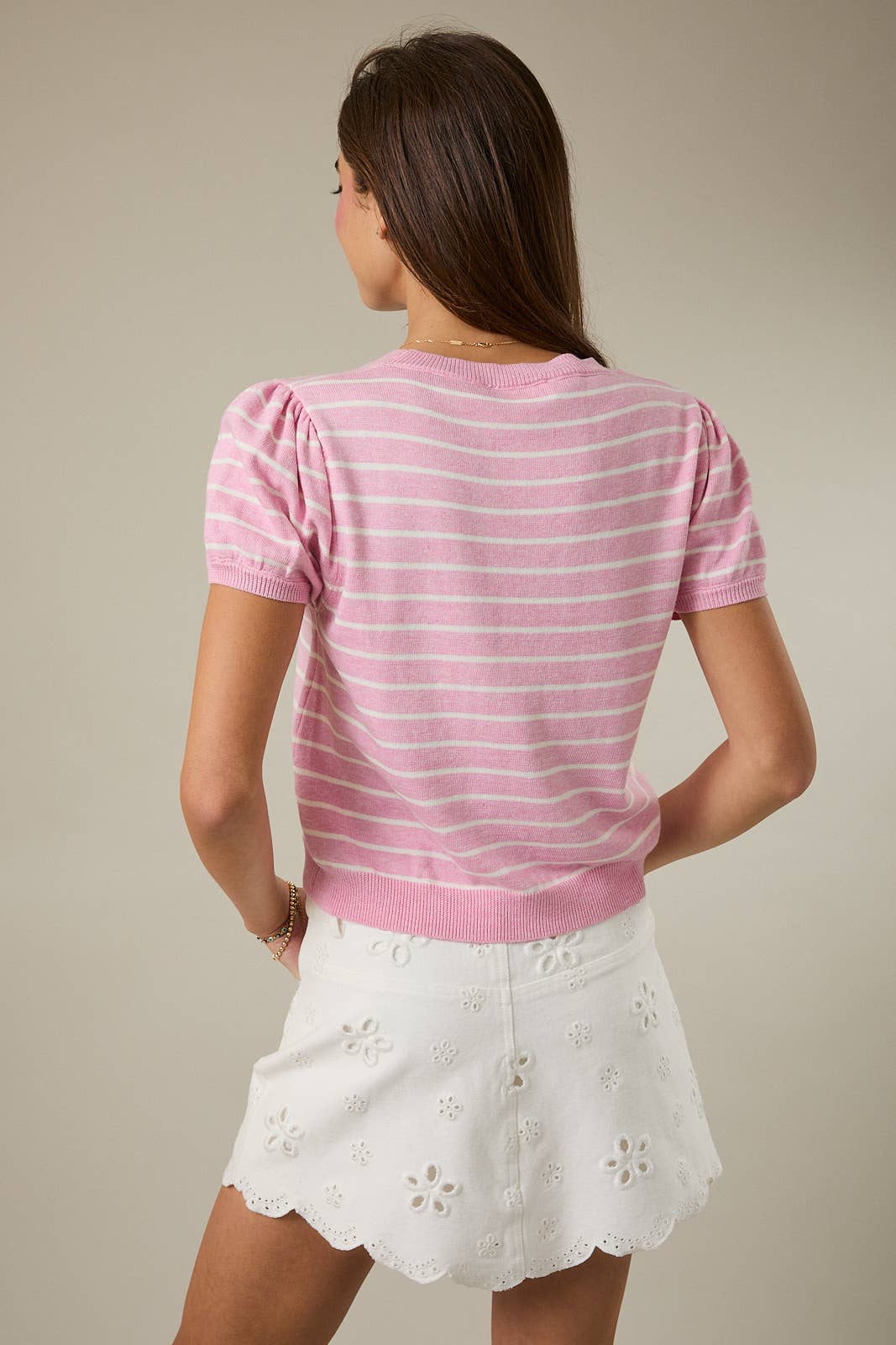 Sunday Edition | Half Sleeve Crew Neck Puff Striped Sweater Top Pink
