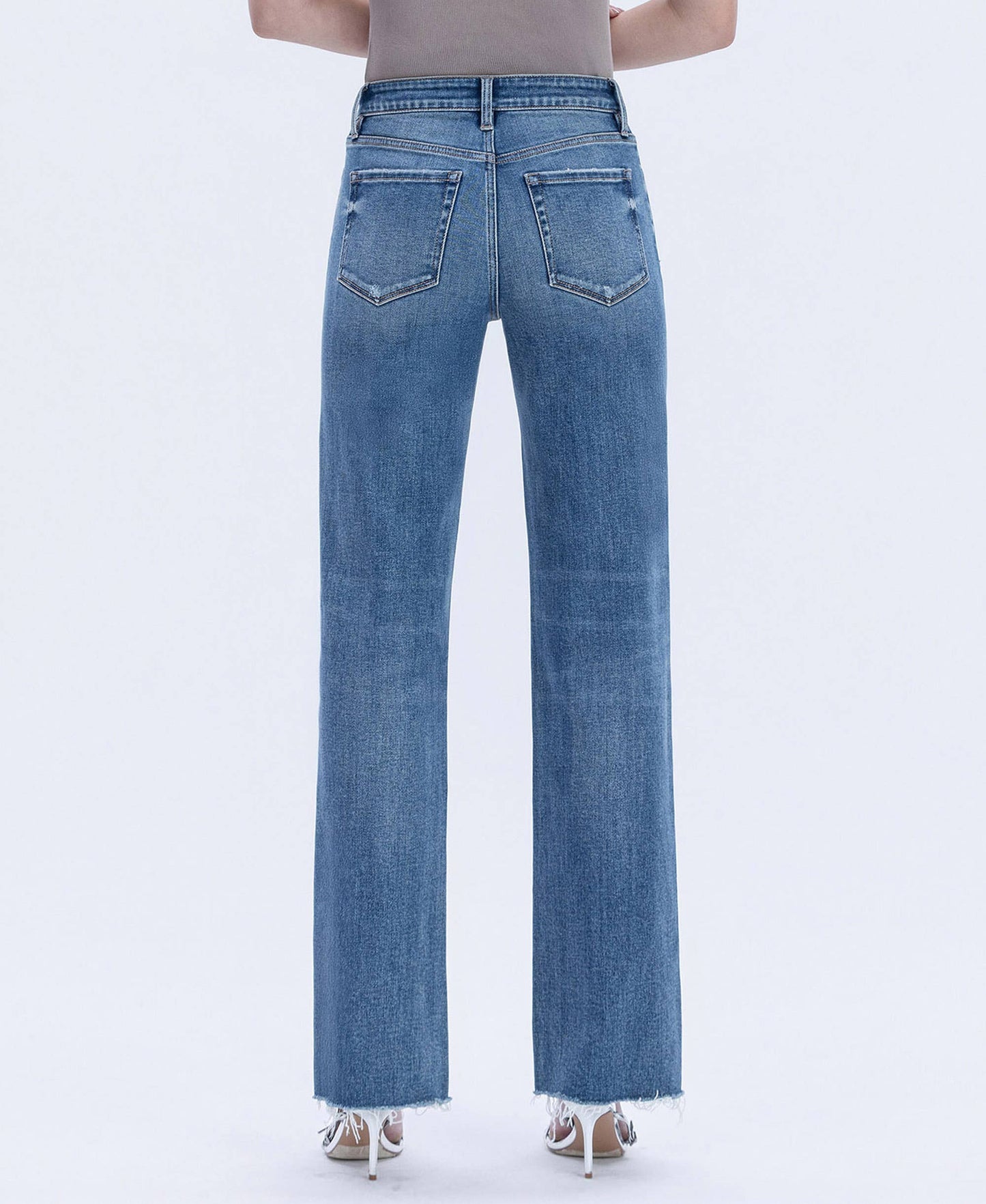High Rise Frayed Hem Slim Wide Jeans F6376