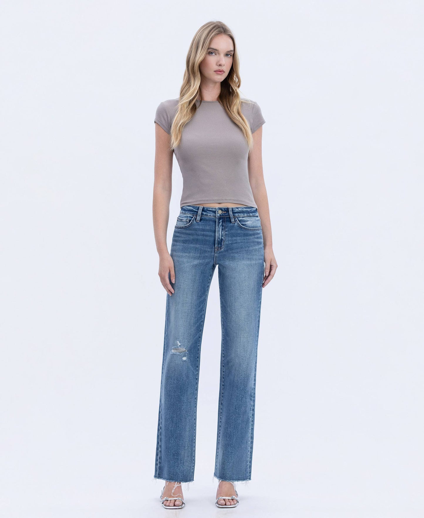 High Rise Frayed Hem Slim Wide Jeans F6376