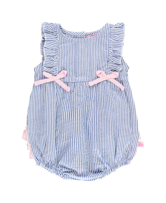 Blue Seersucker Classic Ruffle Bubble Romper