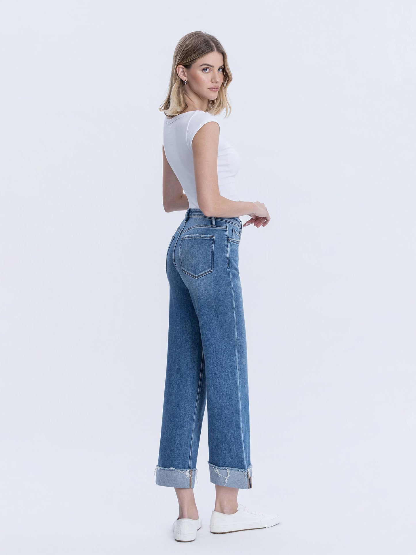 Flying Monkey High Rise Raw Cuffed Hem Slim Wide Jeans (F6204)