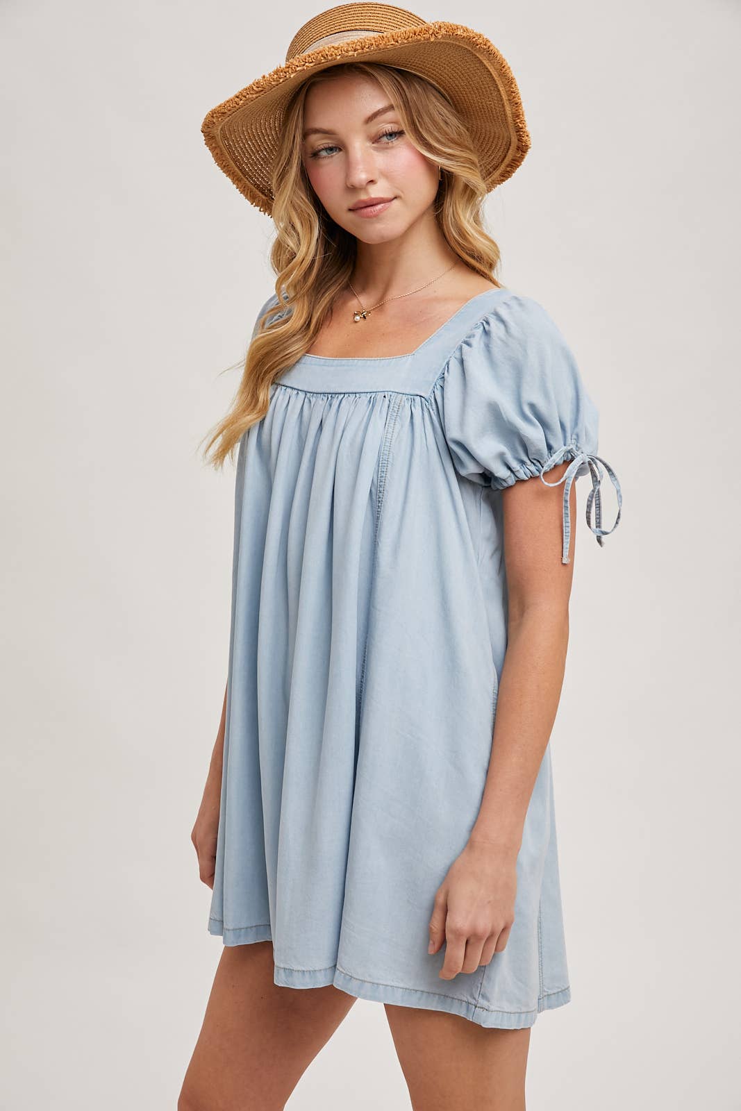 Denim Square Neck Babydoll Dress with Pockets