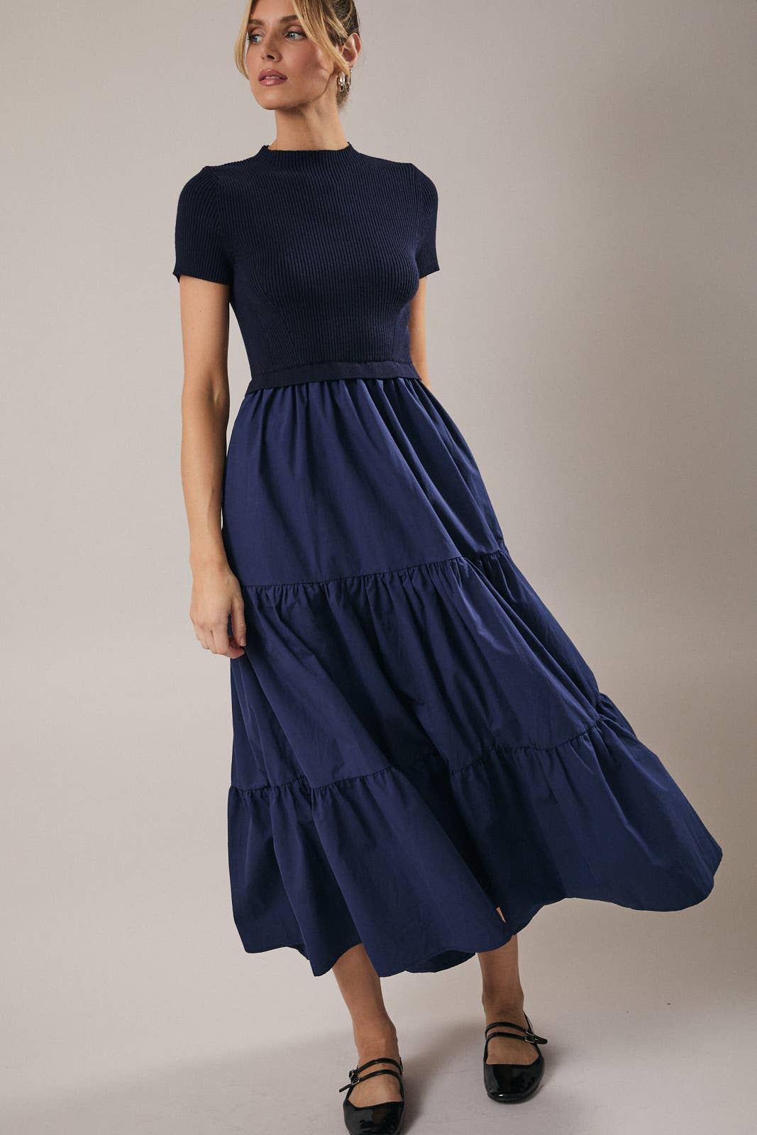 Sunday Edition | Mock Neck Short Sleeve Tiered Midi Dress