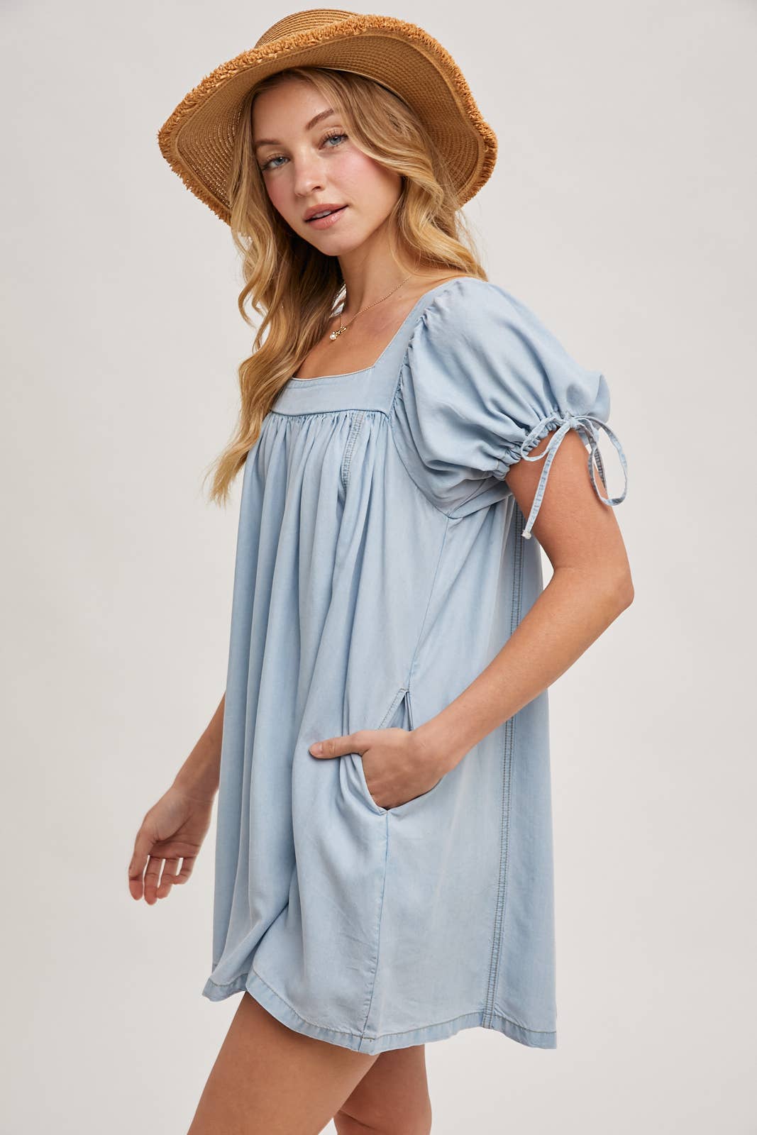 Denim Square Neck Babydoll Dress with Pockets